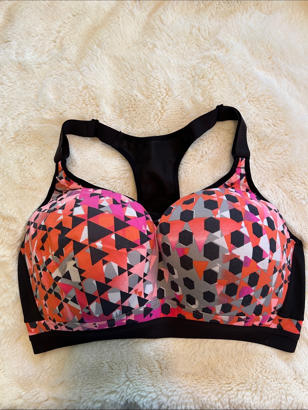 Geometric Print High-Support Racerback Sports Bra — Pink & Orange